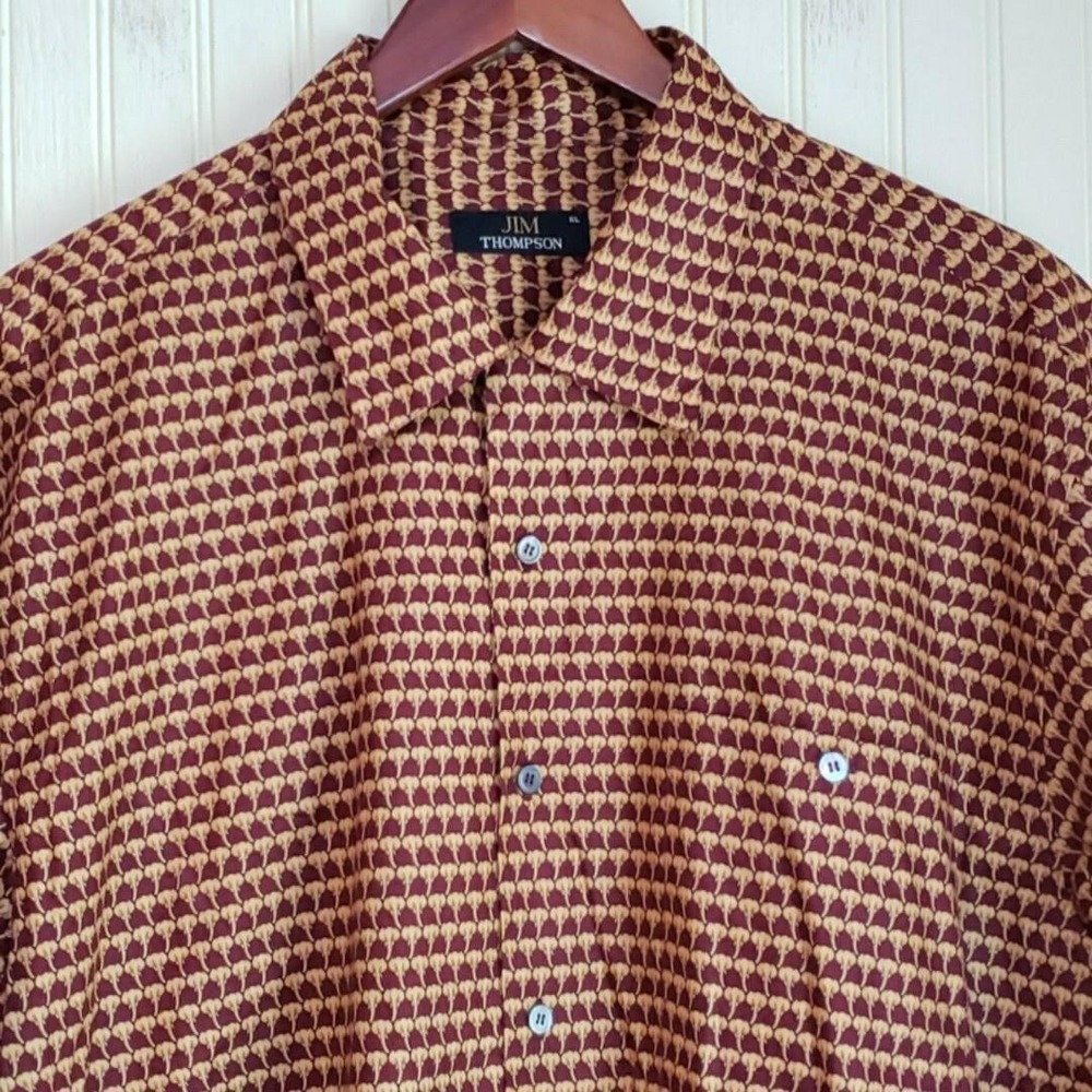 Jim Thompson Shirt Mens XL Red Elephant Print Short Sleeve Button Up Casual